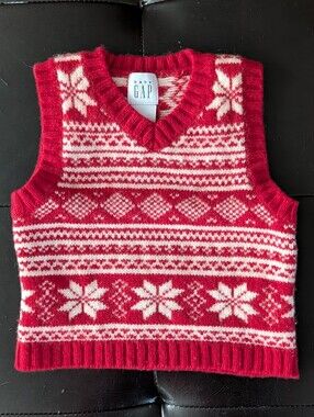 Baby GAP Red Christmas V-Neck Sweater Vest With White Snowflake Pattern